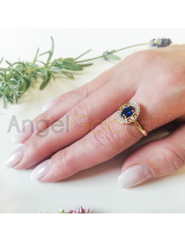 ZŁOTY PIERŚCIONEK WZÓR GRECKI Z SZAFIREM OWAL PR. 585
