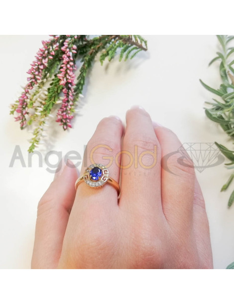 ZŁOTY PIERŚCIONEK WZÓR GRECKI Z SZAFIREM OWAL PR. 585