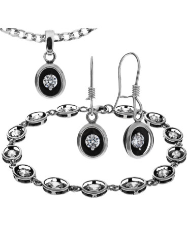 SREBRNY KOMPLET OWALNY OKSYDOWANY CYRKONIE PR. 925