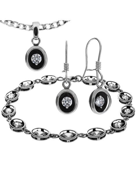 SREBRNY KOMPLET OWALNY OKSYDOWANY CYRKONIE PR. 925