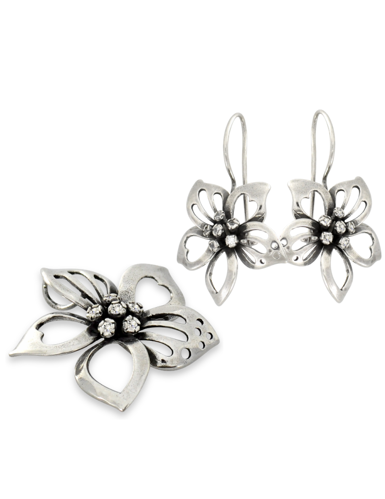 SREBRNY KOMPLET DUŻE KWIATY OKSYDOWANE PR. 925