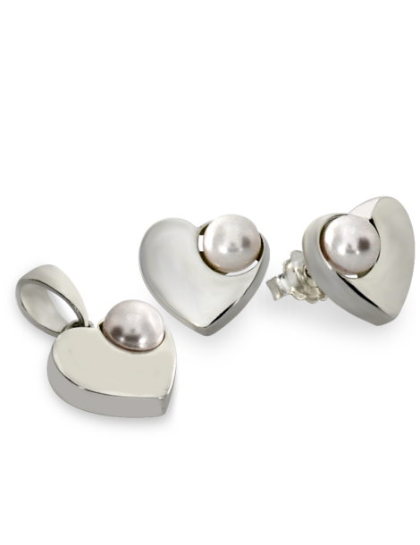 SREBRNY KOMPLET SERDUSZKA Z PERŁAMI PR. 925