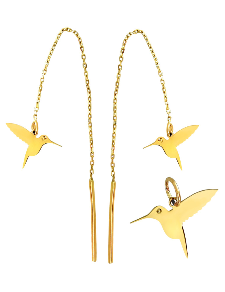 Wisiorek i kolczyki KOLIBERKI przeciągane przez ucho ze złota próby 585