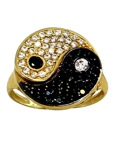 ZŁOTY PIERŚCIONEK TAI CHI - YIN YANG Z CZARNYMI CYRKONIAMI PR. 585