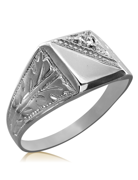 Srebrny sygnet z ornamentami i cyrkonią