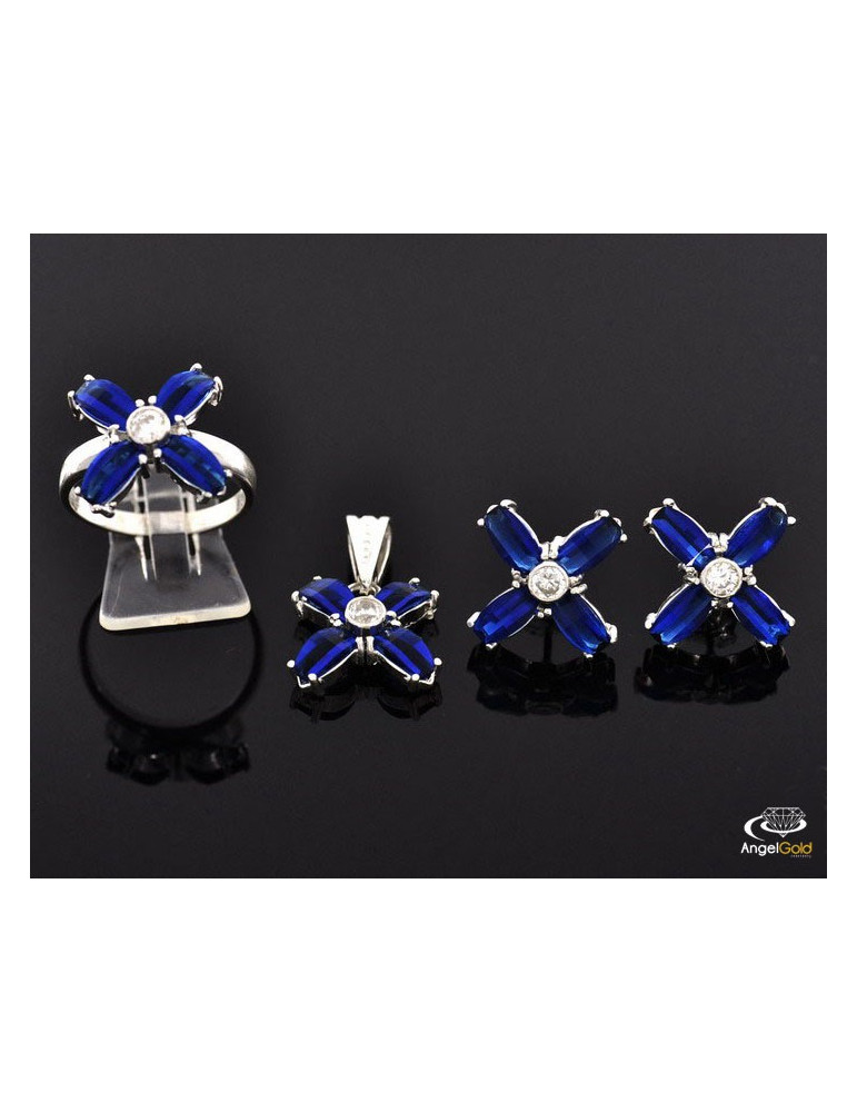 SREBRNY KOMPLET KWIATY Z DUŻYMI SZAFIRAMI PR. 925