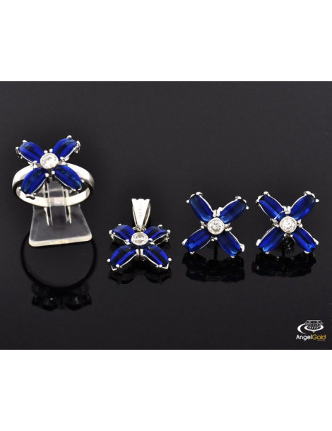 SREBRNY KOMPLET KWIATY Z DUŻYMI SZAFIRAMI PR. 925
