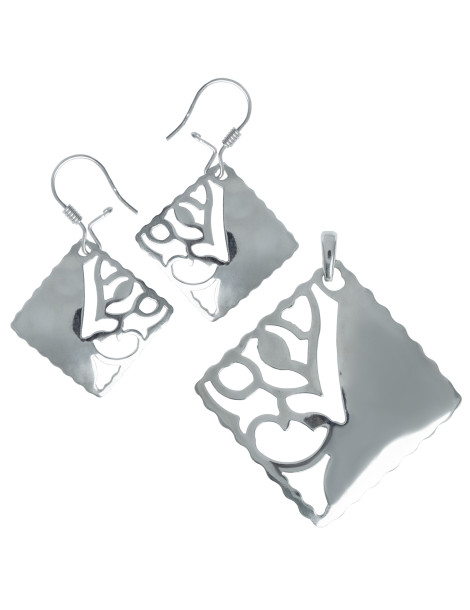 SREBRNY KOMPLET BIŻUTERII KOLCZYKI I WISIOR AŻUROWE KWADRATY SREBRO 925