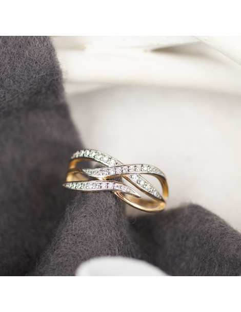 ZŁOTY PIERŚCIONEK FALE ŻÓŁTE ZŁOTO 585 Z BIAŁYM RODEM