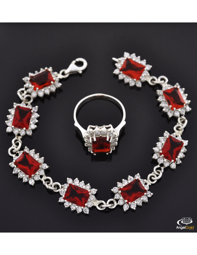 SREBRNY KOMPLET PIERŚCIONEK BRANSOLETA RUBIN PR. 925