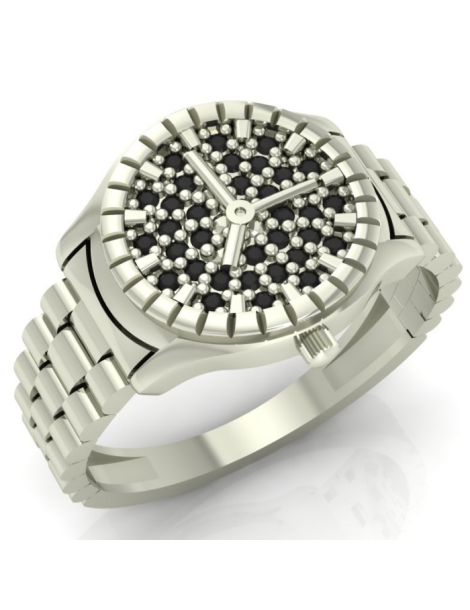 SREBRNY PIERŚCIONEK ZEGAREK Z CZARNYMI CYRKONIAMI PR. 925