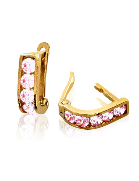 ZŁOTE KOLCZYKI PASKI Z RÓŻOWYMI CYRKONIAMI PRÓBA 333