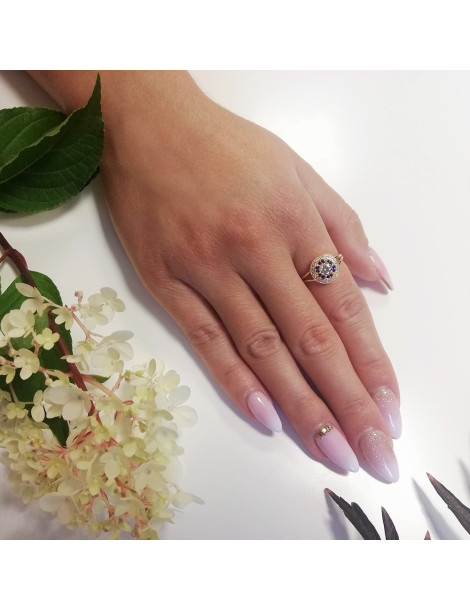 ZŁOTY PIERŚCIONEK OKRĄGŁY Z SZAFIRAMI PR. 585