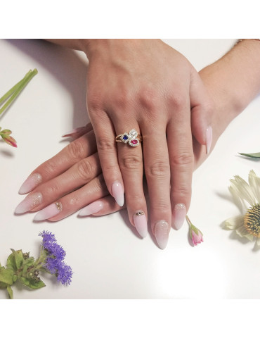 ZŁOTY PIERŚCIONEK GEOMETRYCZNY Z RUBINEM I SZAFIREM PR. 585