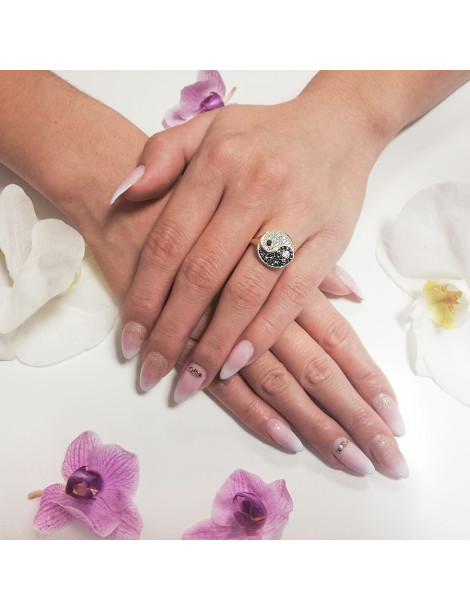 ZŁOTY PIERŚCIONEK TAI CHI - YIN YANG Z CZARNYMI CYRKONIAMI PR. 585