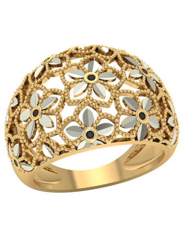 AŻUROWY SZEROKI PIERŚCIONEK PRÓBA 585 KWIATY CZARNE CYRKONIE