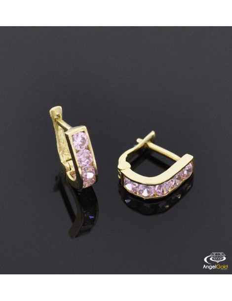 ZŁOTE KOLCZYKI PASKI Z RÓŻOWYMI CYRKONIAMI PRÓBA 333