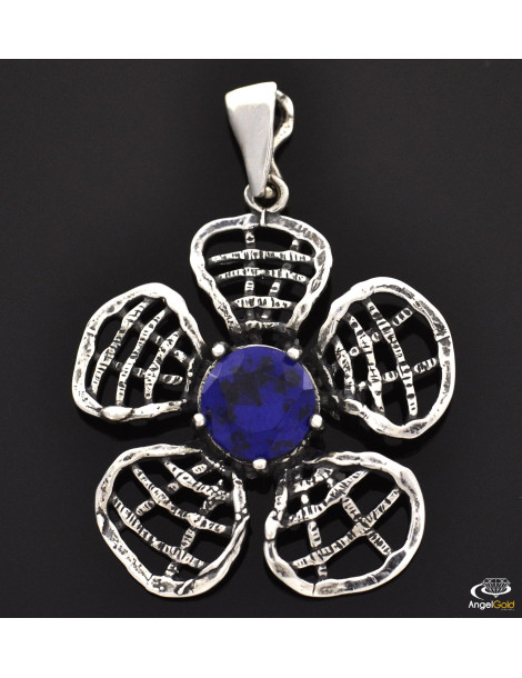 SREBRNY WISIOR DUŻY KWIAT Z SZAFIREM PR. 925