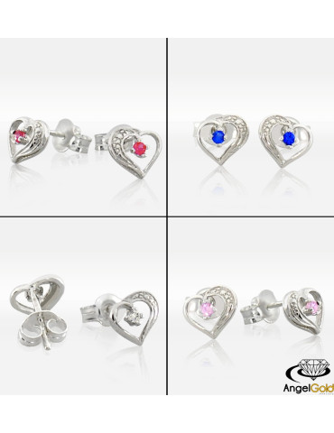 SREBRNE KOLCZYKI SERDUSZKA Z CYRKONIAMI NA SZTYFT - RÓŻNE KOLORY